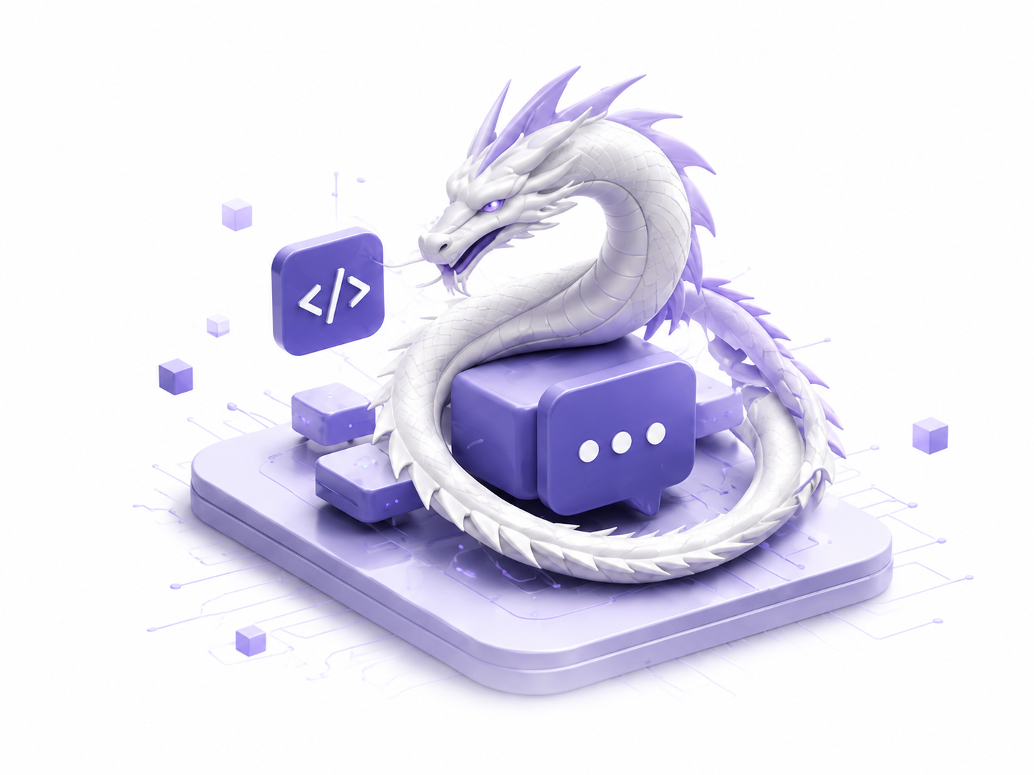 A white dragon curled around a purple community chat cube